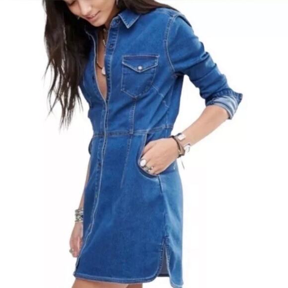 Free People Jean Dynamite Mini Dress Long Sleeve Stretch Denim Blue Women's M - Picture 6 of 16